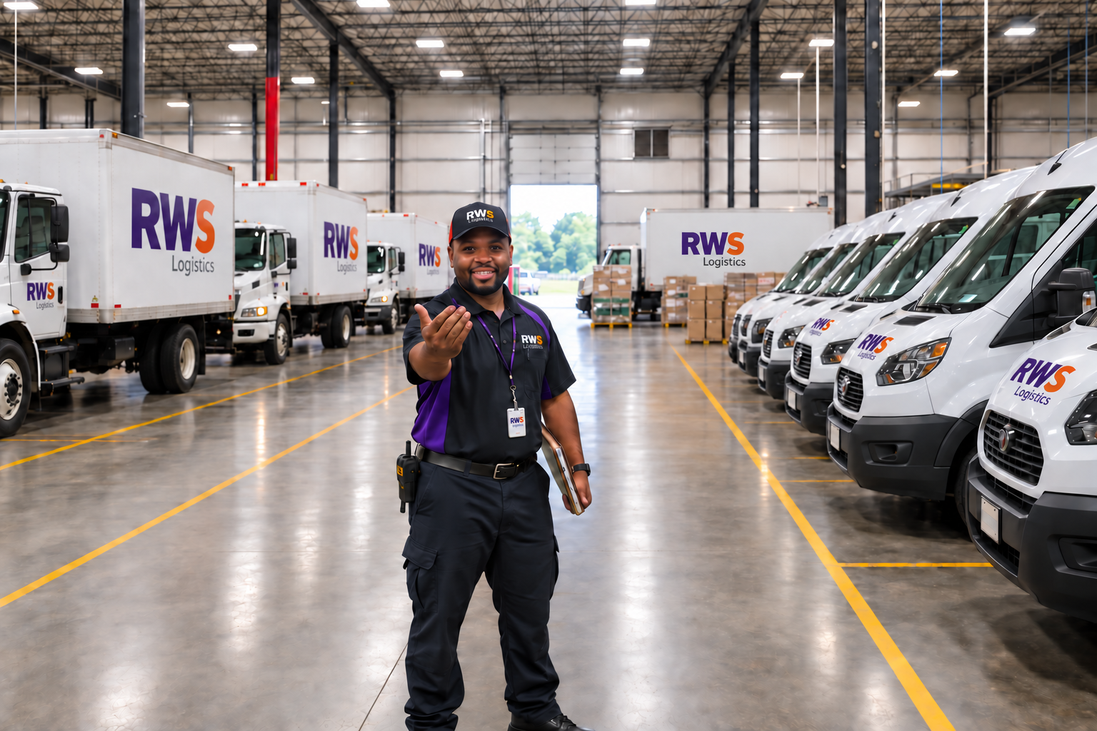 RWS-branded illustration of a welcoming team member among delivery vehicles